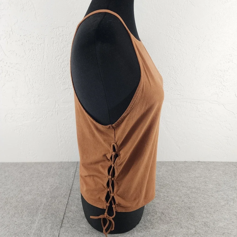 American Eagle Faux Suede Lace Up Side High Neck Tank Top Brown Womens Large